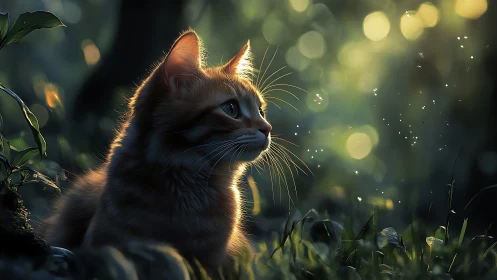 Golden Hour Backlighting on Tabby Feline in Verdant Environment