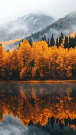 Autumn forest and mountain reflected sharply in still lake