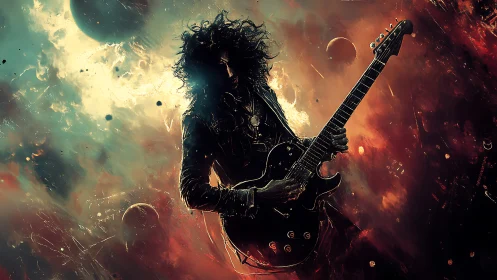 Cosmic rock guitarist shreds through swirling nebulae.