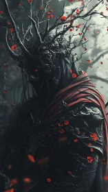 Forest shadow king wrapped in crimson petals and mystery.