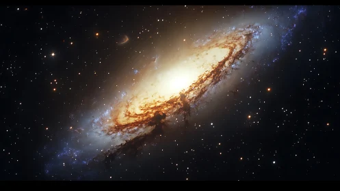 Starlit spiral galaxy glows warmly in the quiet depths of space