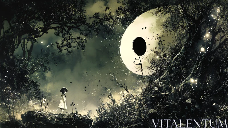 Child in luminous forest confronting eclipsed moon portal