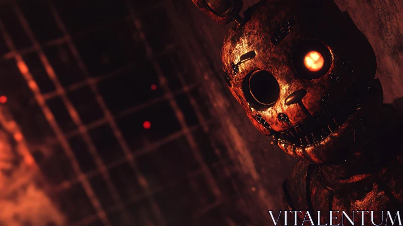 Rust-bitten animatronic lurks in ember-lit horror corridor.