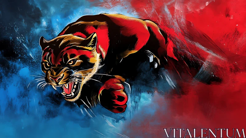 Roaring panther rips through blue and red stormpaint skies