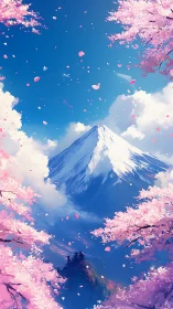Snowcapped peak framed by vibrant cherry blossom petals.