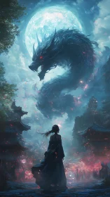 Silhouetted figure confronts spectral dragon beneath full moon