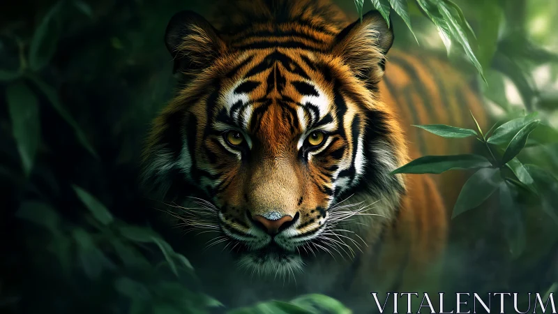 Tiger face emerging from dense green jungle foliage.