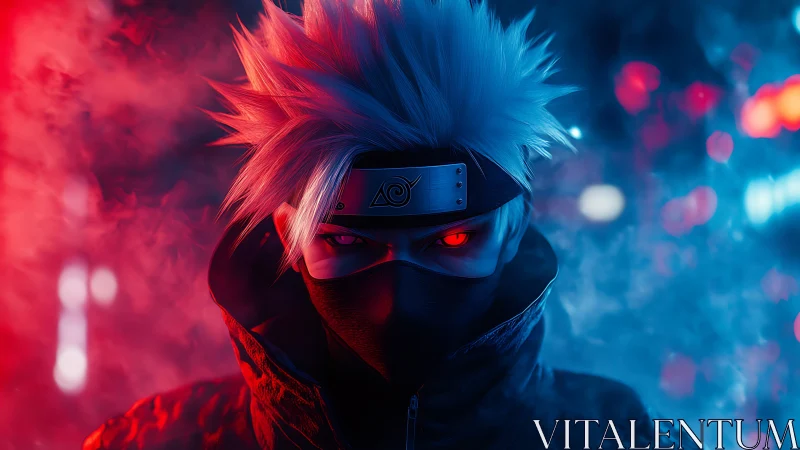 Masked ninja in neon stormlight, eyes blazing through dusk.