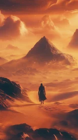 Solitary wanderer crossing molten dunes toward pyramidal peak.