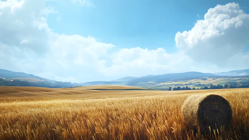Golden wheat fields roll beneath wide blue summer skies.