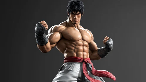 Muscular martial artist in fighting stance on gray background.