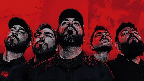 Bold red portrait of determined band standing together.