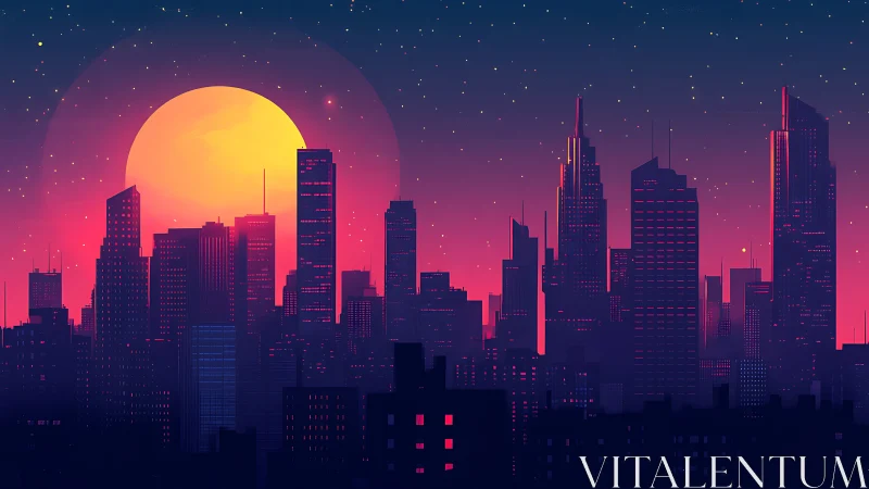 Neon city skyline under oversized sun at dusk glow.