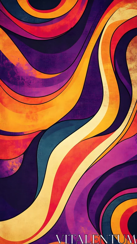 Bold retro swirl pattern in orange, purple and yellow tones.
