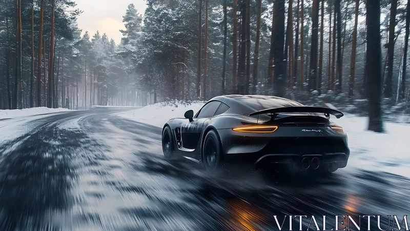 Sleek black sports car powers through snowy forest bend