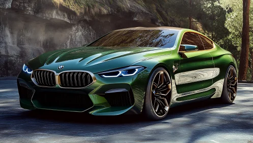 Green BMW sports coupe parked on sunlit forest road.