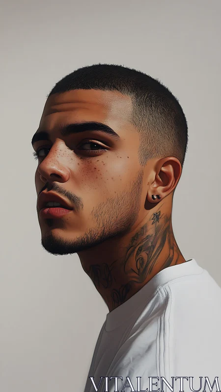 Tattooed young man in profile under soft neutral light