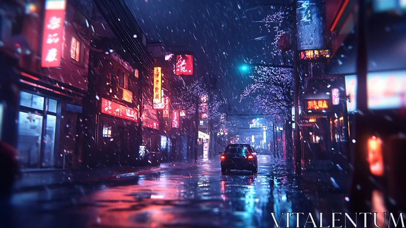 Neon-lit rainy alleyway renders reflective wet asphalt and depth-of-field