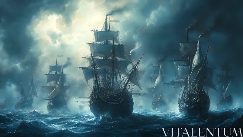 Armada of tall ships advances through storm-turbulent seas