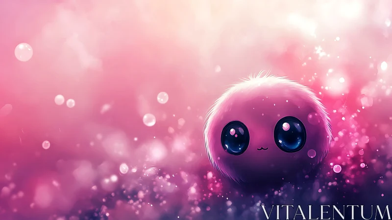 Pink fluffy creature with glossy eyes in bokeh field.