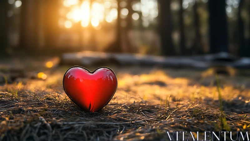 Red glass heart sculpture positioned on forest floor with golden hour backlighting