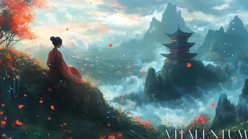 Crimson-robed dreamer above misty pagoda mountainscape.