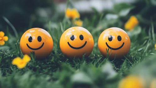 Triple smiley spheres aligned in shallow-depth garden portrait