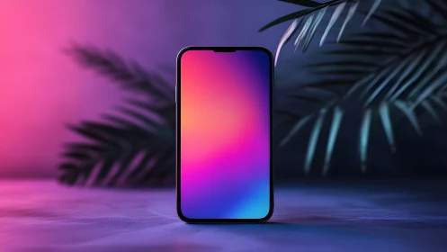Modern smartphone with gradient screen in neon tropical setting.
