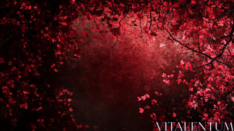 Crimson foliage frames dark textured void with vivid contrast