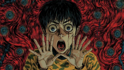 Horror anime boy screams before swirling red void backdrop.