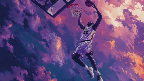 Basketball player dunking against vivid sunset clouds backdrop.