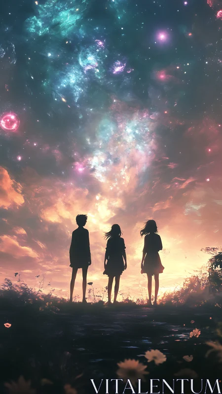 Stargazing silhouettes beneath a blooming nebula sky at dusk.