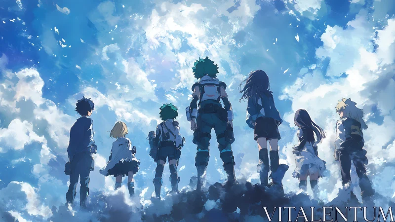 Group of anime teens facing bright dramatic sky together.