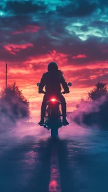 Sunset road rider cruising through neon misty twilight.