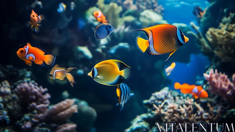 Tropical reef fish glide through luminous coral habitat.