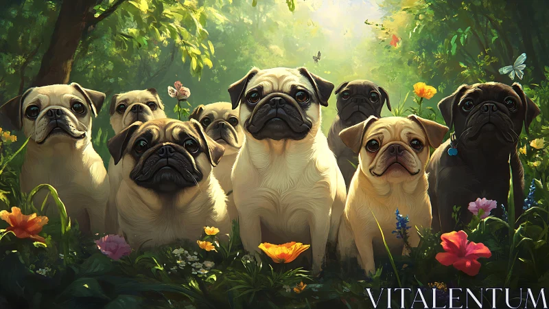 Pug friends gathered in a sunlit forest of wildflowers.