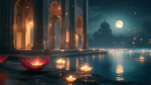 Moonlit temple lagoon hums softly with drifting diya constellations