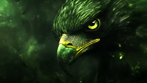 Majestic Green Hawk Digital Art Close-Up with Intense Gaze.