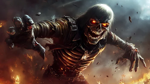 Fiery skeletal warrior lunges forward through blazing chaos