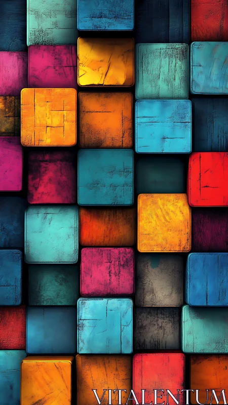 Stacked neon blocks carve a gritty geometric color maze.