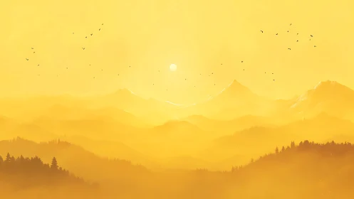 Layered mountain landscape in uniform yellow haze at sunrise.