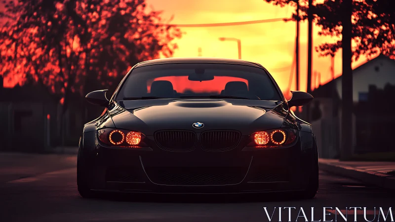 Black BMW coupe is photographed head-on at sunset