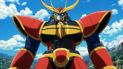 Giant red and gold mecha standing in bright mountain valley.
