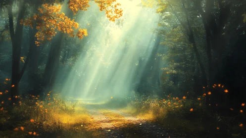 Volumetric Light Rays Through Autumn Forest with Crepuscular Illumination