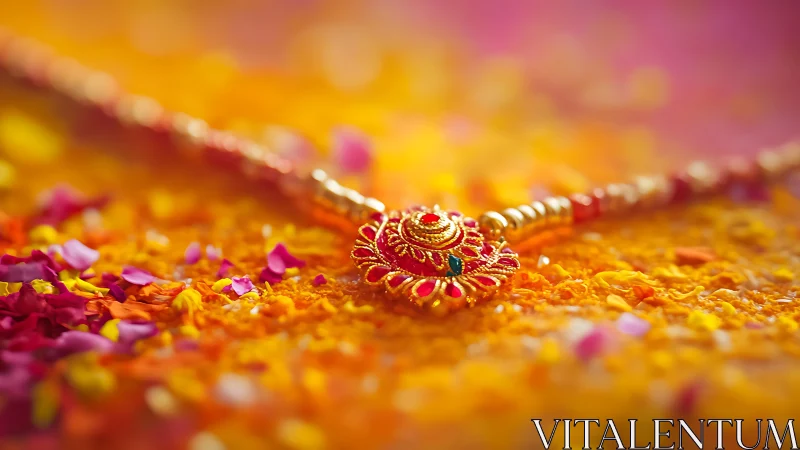 Red ornamental pendant sits on scattered flower petals and golden chain.