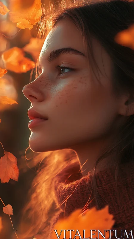 Profile portrait shows young woman amid autumn foliage
