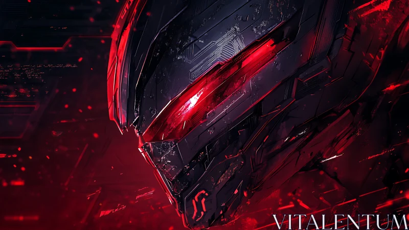 Cybernetic visor helmet close-up with red luminous circuitry