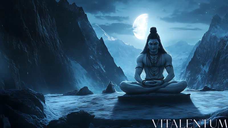 Divine yogi meditating under moonlit Himalayan peaks.