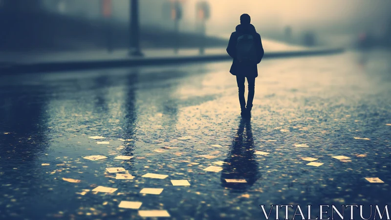 Solitary figure on rain-soaked city street in foggy dusk.