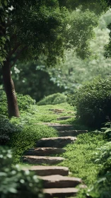 Stone pathway through dense green forest with towering canopy